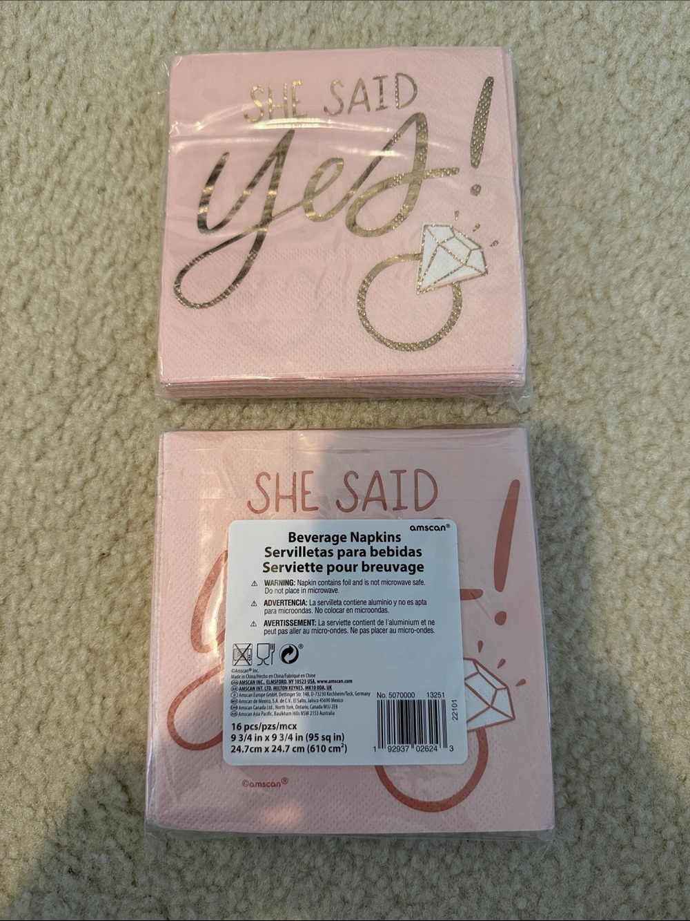 Amscan Pink "She Said Yes" Beverage Napkins with Gold Ring Accent
